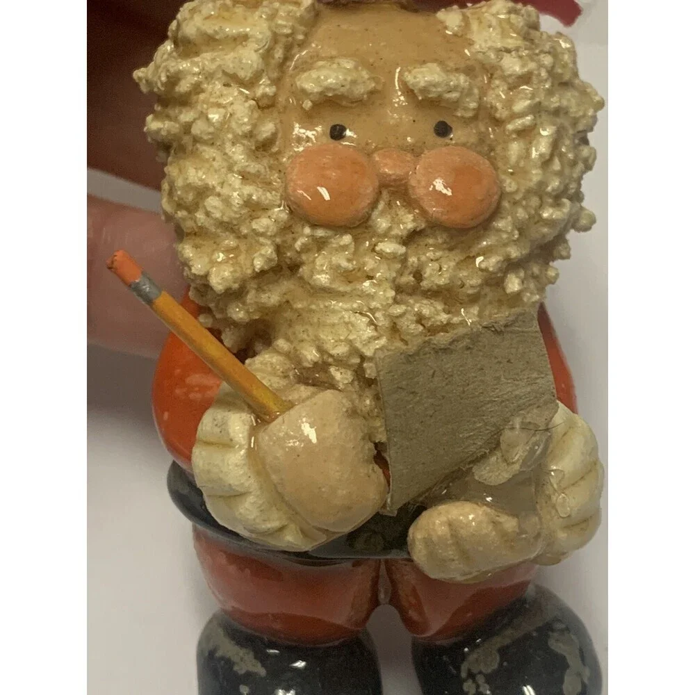 Vintage Santa Checking His List Christmas Ornament Faux Clay 4” X 2”